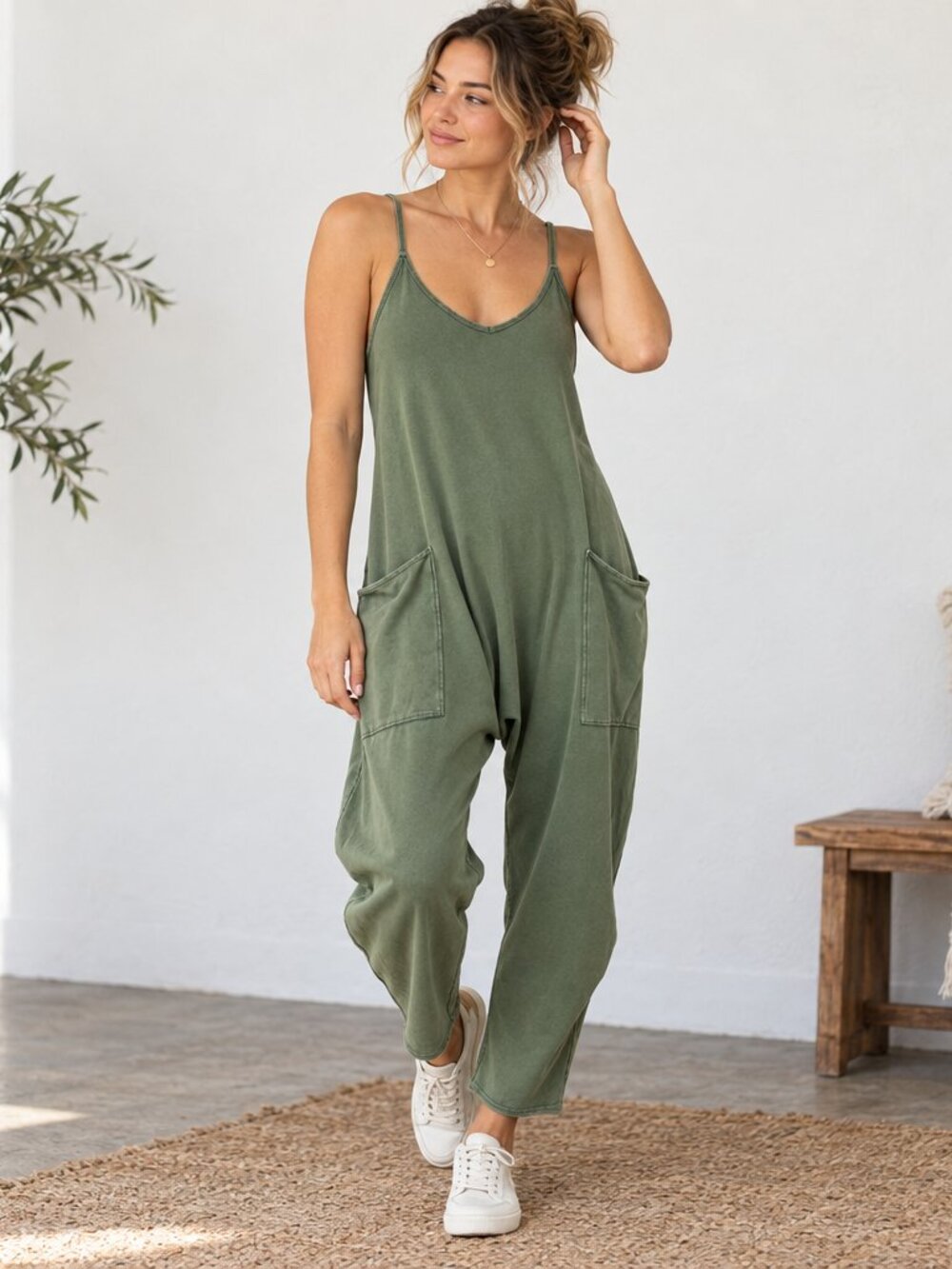 Free People FP Movement Hot Shot Jumpsuit XS Oversized Harem Romper Olive Green